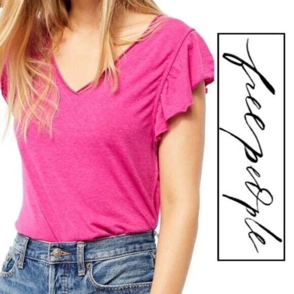 Free People ✦ Bright Pink Button-Down Top ✦ Flutter Sleeves V-Neck Sheer Stripe - Picture 3 of 10